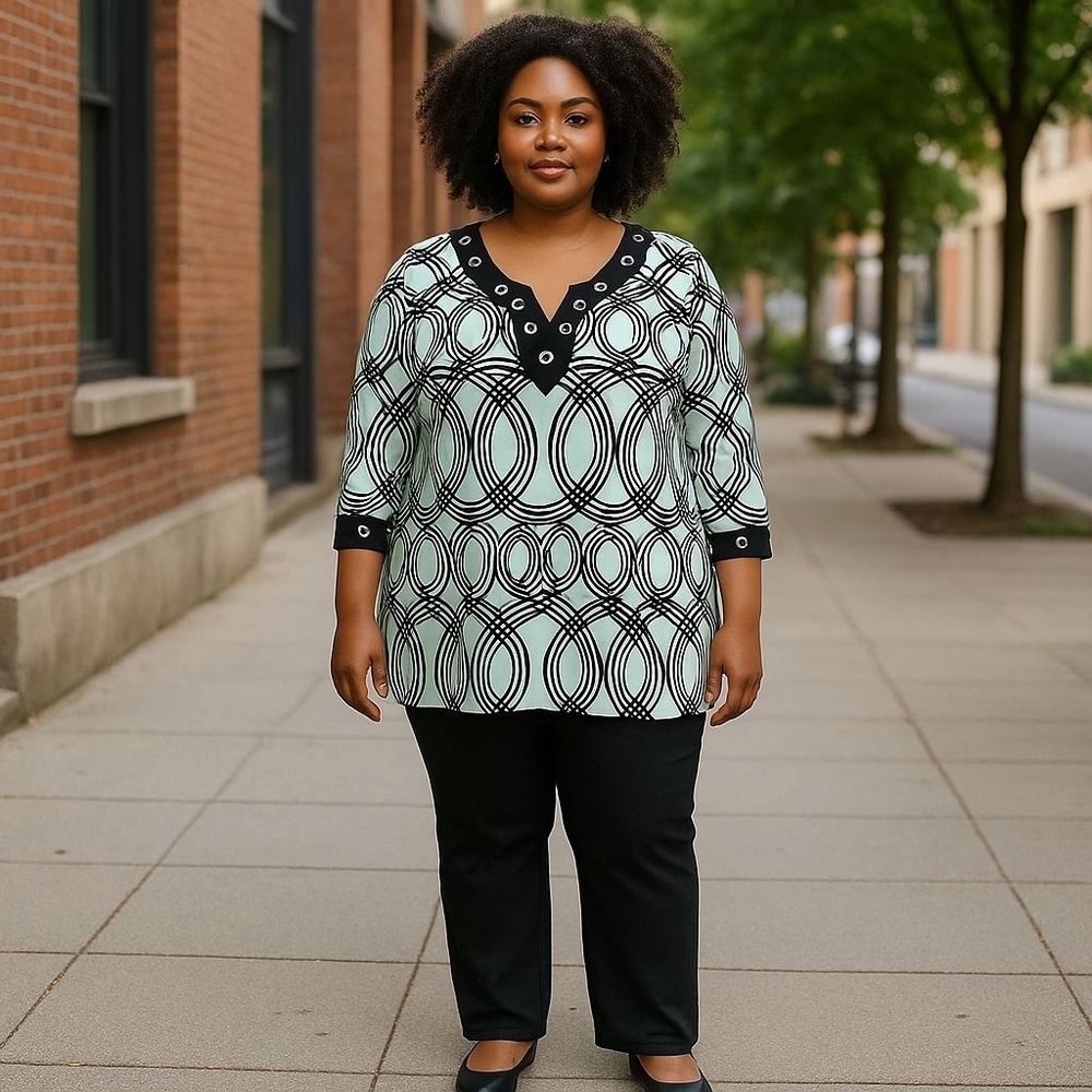 JM Collection Black and White Graphic Tunic Blouse